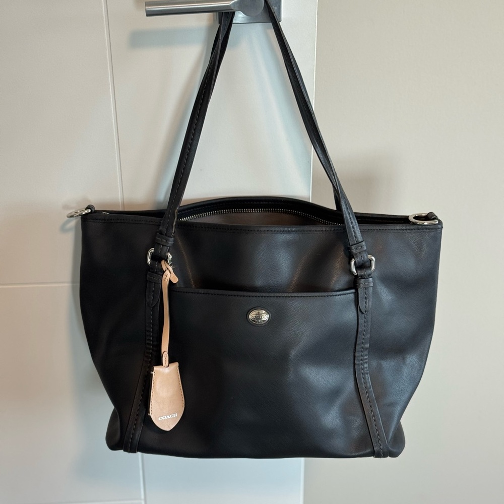 Coach Black Leather Tote with Tan Hang Tag